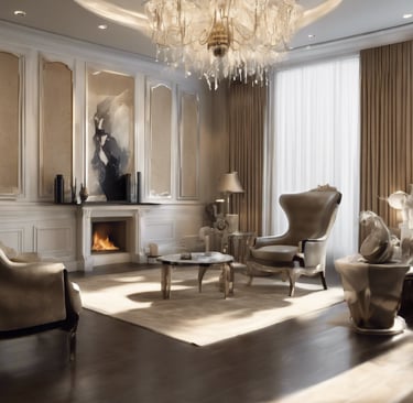 a living room with a chandelier and a chandelier