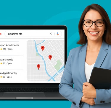 Google Business Profile local pack showing top apartment listings on Google Maps