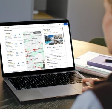 Google Business Profile for an apartment community showing photos, reviews, and location on Google Maps.