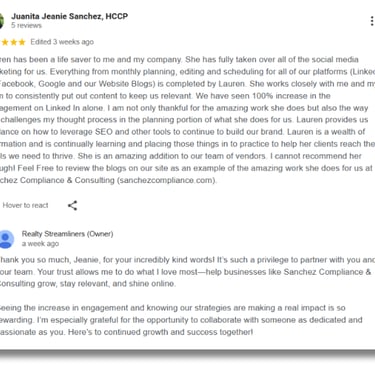 Mock-up showing a positive Google review and a professional owner response for Realty Streamliners Marketing Services