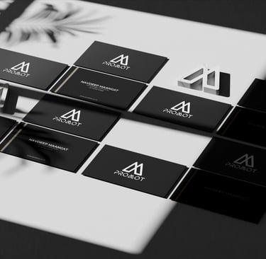 a bunch of business cards with a black and white background promot technologies