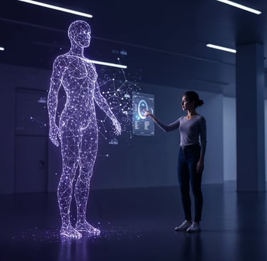 a woman is standing in a room with a large screen displaying a android