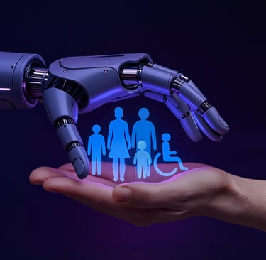 a human hand holding a paper cutout of people and a robotic hand is protecting them from above