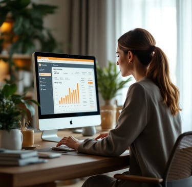 Femme utilisant un ordinateur pour gérer une propriété locative avec la plateforme Always Welcome