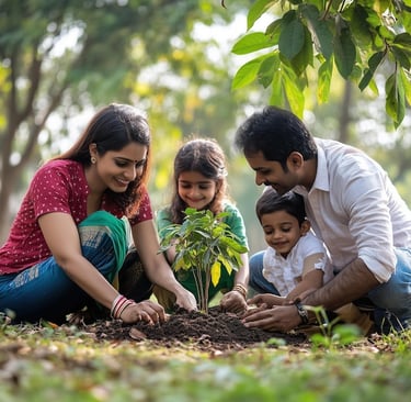 a family of three children are planting a tree