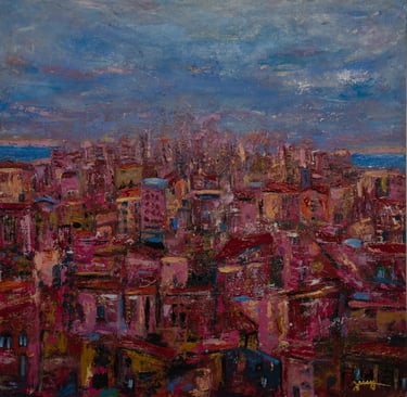 Acrylic on canvas painting with shades of pink buildings by artist Jessy Tabet