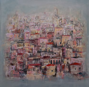 Acrylic on canvas painting  of old town in Lebanon by artist Jessy Tabet