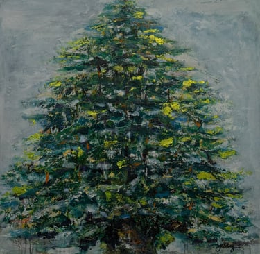 Acrylic on canvas painting of Lebanon's cedar tree by artist Jessy Tabet, symbol of eternal strength