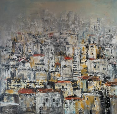 Acrylic on canvas painting with grey shades of a village in Lebanon by artist Jessy Tabet