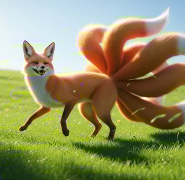 Hyper-realistic image of a nine-tailed fox dancing. 