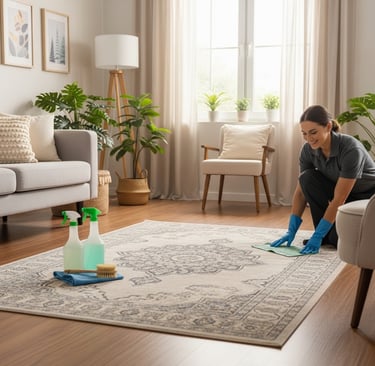Professional carpet cleaning technician gently hand-cleaning a Persian area rug with eco-friendly pr