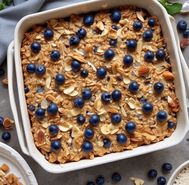 A warm, golden-baked oatmeal fresh out of the oven in a rustic ceramic dish.