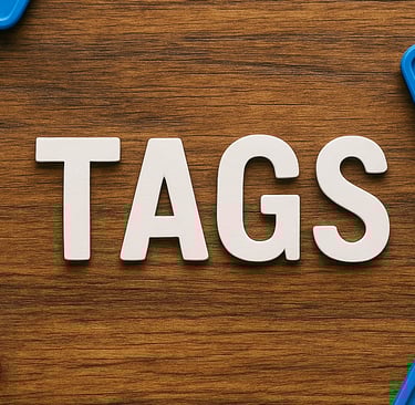 Слово TAGS и иконки хэштегов на деревянном фоне — символика тегирования и классификации контента