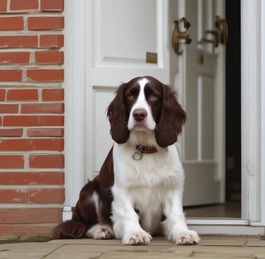A young Labrador puppy with a light tan coat sits on a marble floor. The puppy is wearing a black collar and is attached to a leash. In the background, there are several household items including a bucket with 'FIXO paints' written on it, stacked shoes, and a metal rack holding a pink towel with white flower designs.