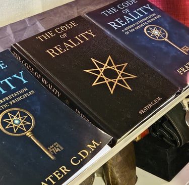 Different versions of "The Code of Reality" aligned on a display.