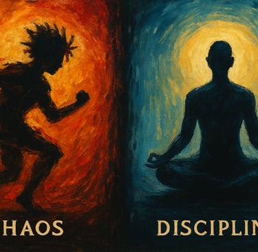 An artistic rendition showing two figures depicting chaos versus discipline.