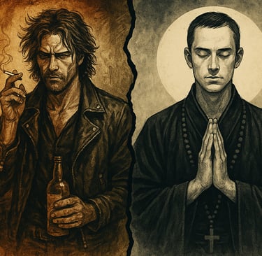 A artistic rendition of two opposing characters: One drinking and smoking, one praying/meditating