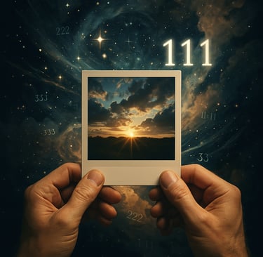2 hands holding a polaroid photo. In the background a dark blue sky with repeating numbers like 11:11