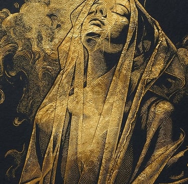 Golden etched artwork of a cloaked woman with eyes closed and a justice scale icon.