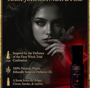 Mary Johnson Ash and Fire natural perfume oil bottle featuring notes of citrus, smoke, and amber.