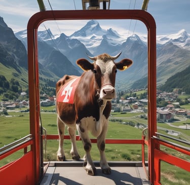 A cable car suspended over a snowy, mountainous landscape with clear blue skies. The cable car is branded with Tissot logos and is filled with passengers. The rugged, snow-covered mountains create a serene and adventurous atmosphere.