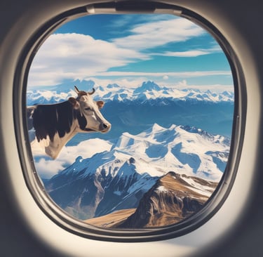 An airplane wing with a red and white Swiss flag emblem is visible against a vast, clear blue sky. Below, an impressive expanse of snow-covered mountains stretches out, offering a stunning aerial view of the landscape.