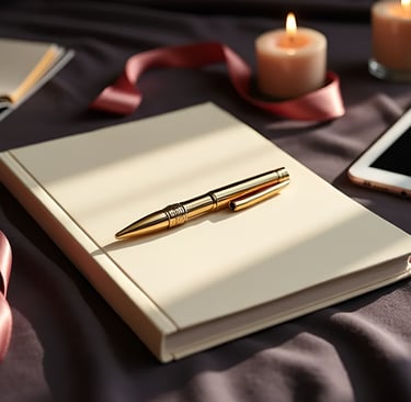 Notebook, gold pen, silk ribbon and tablet laid on soft velvet background