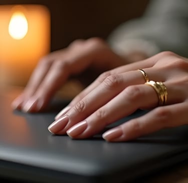 Vivienne’s hand with gold rings rests on laptop beside soft candle glow