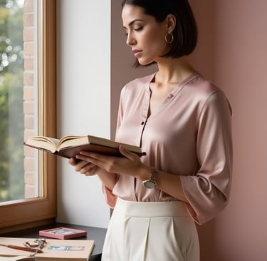 Vivienne reviewing a moodboard in soft blush lighting, side-lit by a tall studio window.