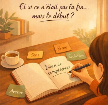 Femme qui écrit 'Bilan de compétences'  dans un cahier en vue d'une évolution professionnelle