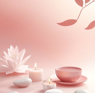 Ambiance chaleureuse avec une fleur de lotus, une bougie, une tasse avec une couleur rose poudrée