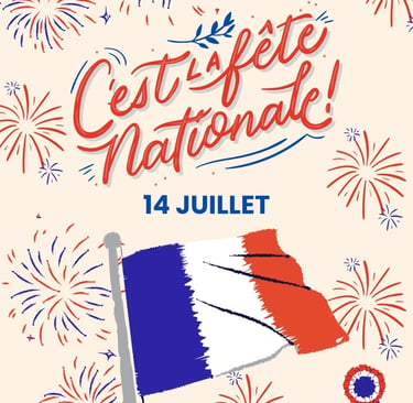 Drapeau français avec le texte "c'est la fête nationale 14 juillet"