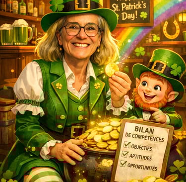 Une femme et un lutin en vert dans le costume Saint Patrick avec un pot d'or et liste de compétences