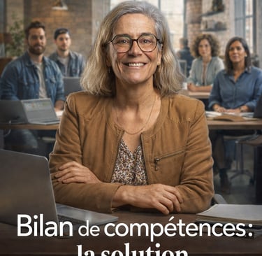 Une femme souriante dans un bureau avec d'autres personnes affiche du film le bilan de compétences 