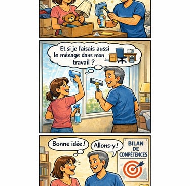 Bande dessinée avec un couple faisant le ménage et discutant du bilan de compétences