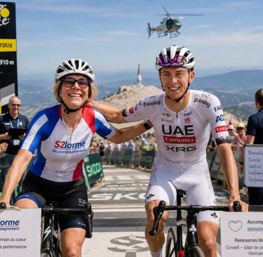 Je suis en photo avec un coureur à une arrivée du Tour de France au sommet du Mont Ventoux