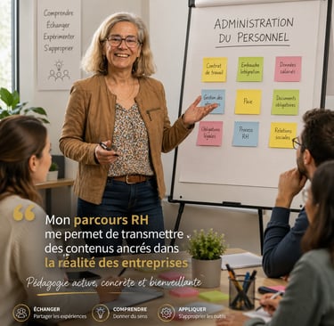 Formatrice en RH dans un atelier RH avec un tableau blanc reprenant des thèmes RH
