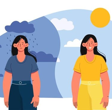 Une femme pleine de doute illustrée par un temps nuageux et pluvieux puis la même avec le soleil