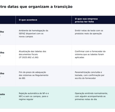 Cronograma de transição tributária com datas da SEFAZ para emissão de NF-e e NFC-e em 2026.