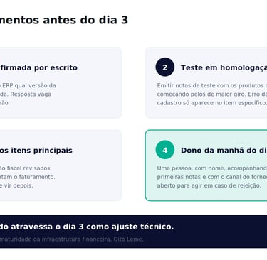 Infográfico com 4 passos para preparo de ERP para NT 2025.002, incluindo homologação e cadastro de itens.