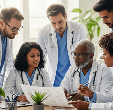 grupo de médicos olhando um papel