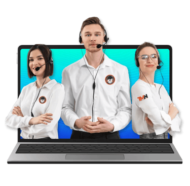 Three TaskManager-Nexus tech support reps in headsets and white shirts, confidently posed against a sleek black background.