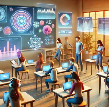 Aula moderna donde un profesor utiliza una tablet y sus estudiantes interactúan con diferentes contenidos generados por IA.