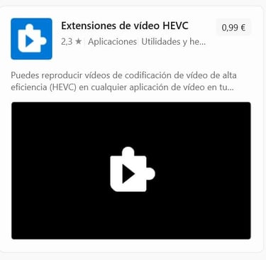 Captura de Microsoft Store de las Extensiones de vídeo HEVC que cuestan 0,99€.