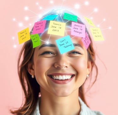 Una mujer sonríe. Tiene postit de colores escritos alrededor de su cabeza interconectados por una maya holográfica.