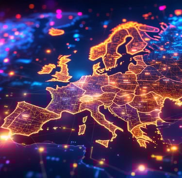 Mapa de Europa con luces de neón e interconexiones tecnológicas.