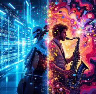 IA: músico clásico con partitura (Machine Learning) y músico de jazz improvisando (IA Generativa).