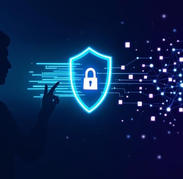 Ilustración de la privacidad en IA: un escudo protege los datos del usuario frente a un cerebro digital.