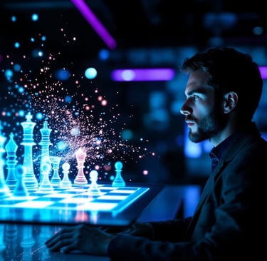 Arquitecto de software dirige una IA representada como un tablero de ajedrez holográfico que genera código..
