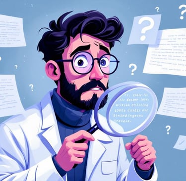 Investigador confundido examina textos que se transforman entre escritura humana y código digital.